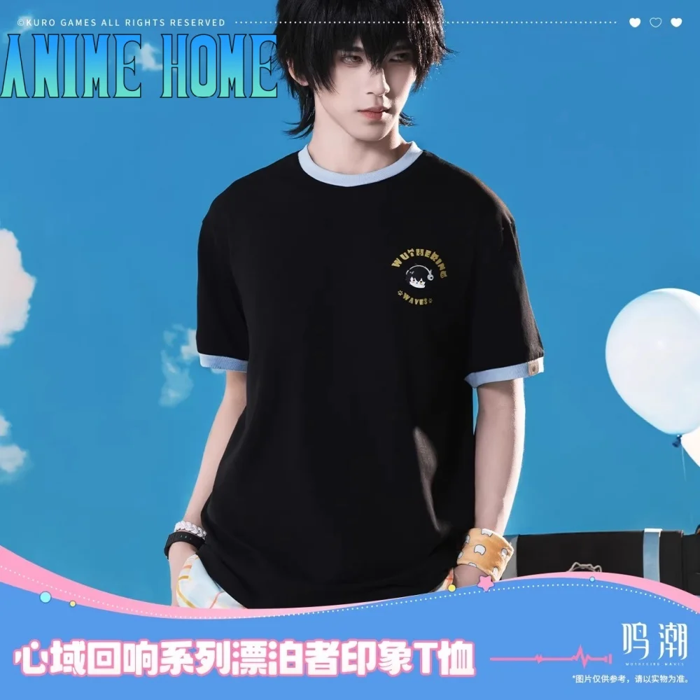 

Game Wuthering Waves Rover Anime Cotton T-Shirt For Men Black White Props Cosplay Official Original Gift