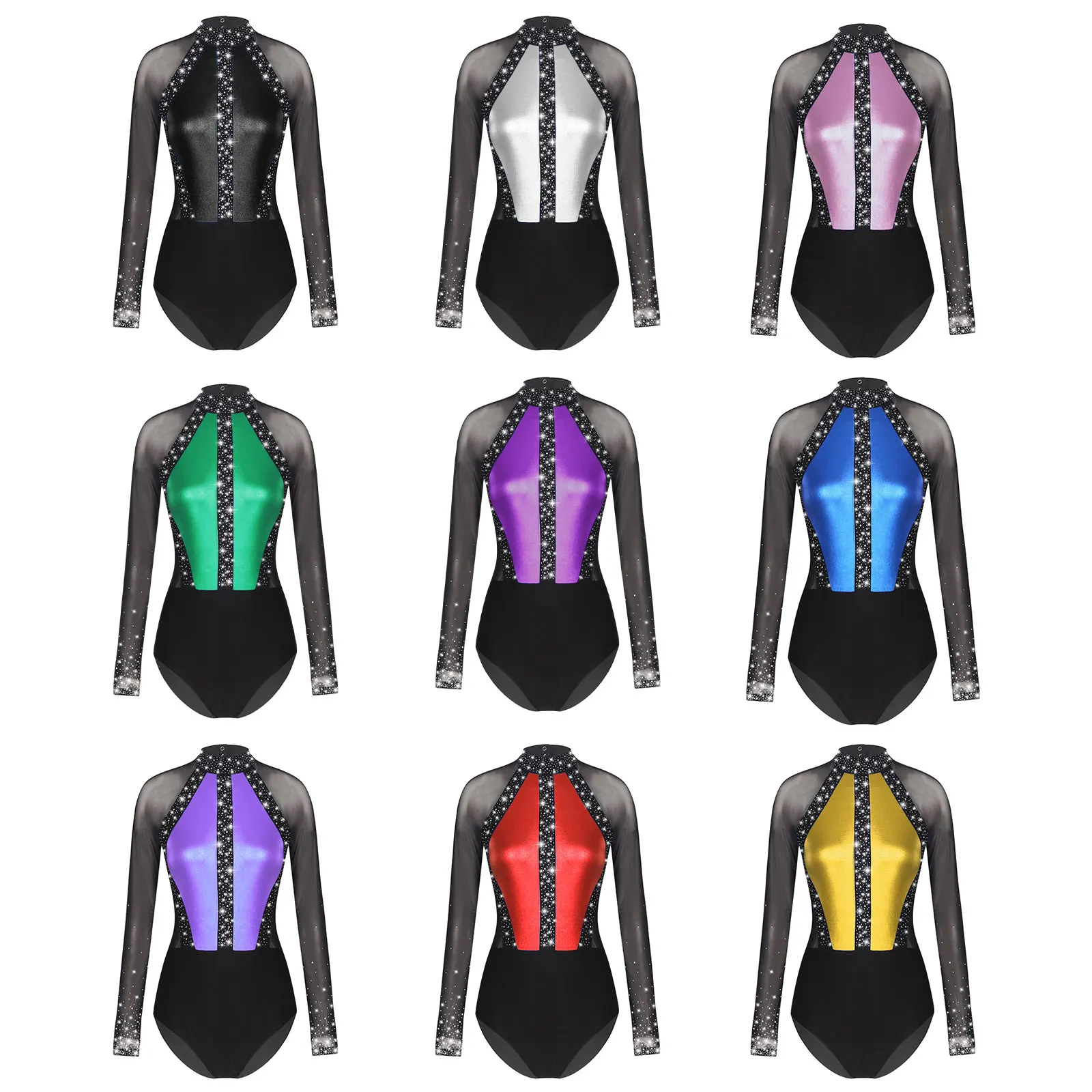 Womens Figure Skating Leotard Rhinestones Sheer Mesh Long Sleeve Dance Bodysuit for Ballet Dance Rhythmic Gymnastics Acrobatics