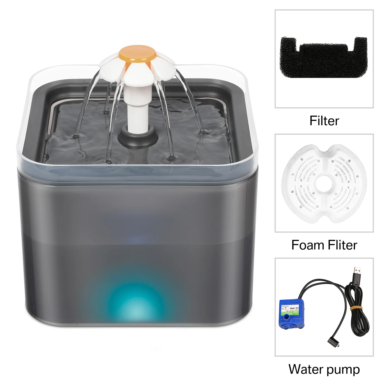 Fonte de água para gatos, filtro automático, iluminação led, usb, elétrico, mudo, bebedor de gato, 2l, recircular, filtring, dispensador de água