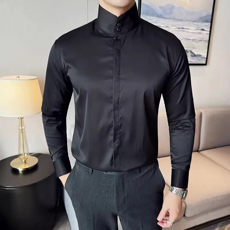 Fashion High collar Shirts Men Spring Autumn Solid Color Long Sleeve Korean Style Smart Casual Shirts Mens Slim Fit Stand Shirt