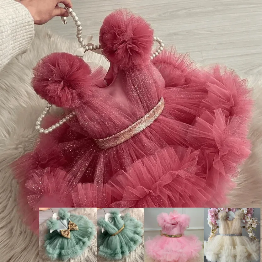 

Розовая блестящая тюлевая юбка для детского дня рождения, платья принцессы ручной работы с цветочным узором для девочек, длинные пышные платья для официальных мероприятий по индивидуальному заказу