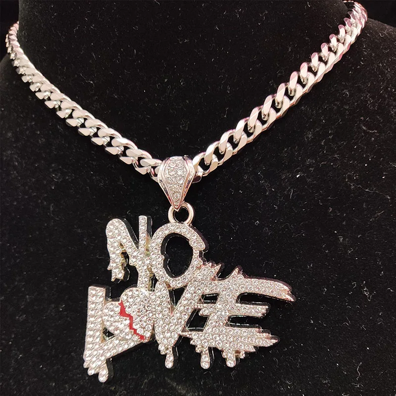 Men Hip Hop No Love Iced Out Bling Pendant Necklace With 7mm Width 316L Stainless Steel Chain Necklaces Hiphop Fashion Jewelry