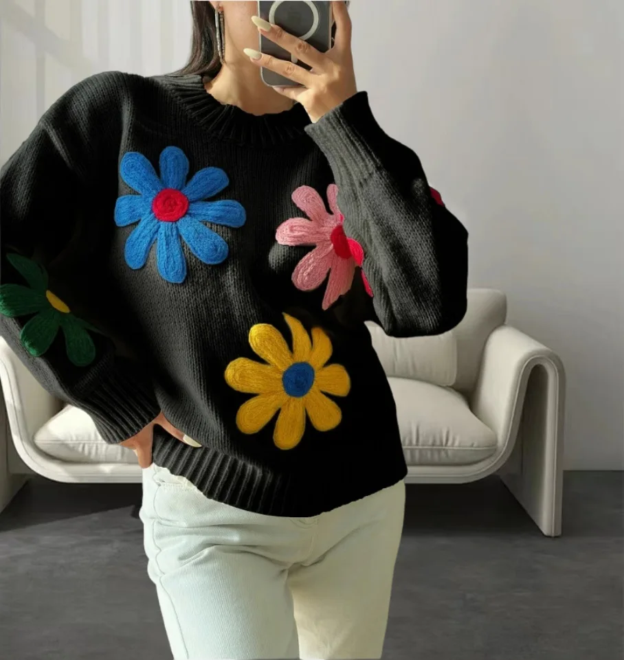 Autumn Winter Colorful Flower Thick Cardigan Jacket Sweet Fresh Cute Long Sleeve Sweater Coat Loose Handmade Hoodie Top