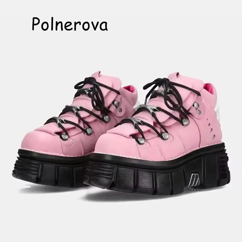 أسود وردي سميكة سوليد حذاء من الجلد عبر تعادل المرأة ريترو الربيع هوتي ديكور معدني الارتفاع زيادة دراجة نارية فاسق مضخات #1