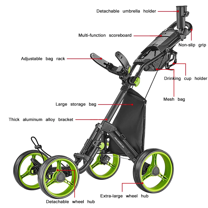 IncontroSports Caddytek V8 4 Wheels Golf Accessories Foldable Golf Trolley Golf Bag Pull Push Cart Bag Carrier