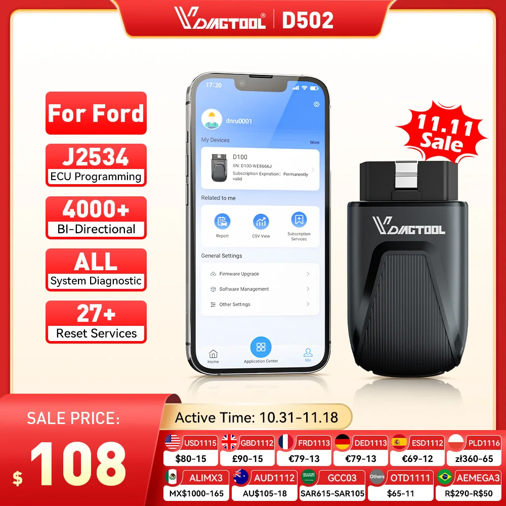 New VDIAGTOOL D502 OBD2 Scanner 27+Reset Full System Car Diagnostic Tool J2534 Programming Lifetime Free Update for Ford