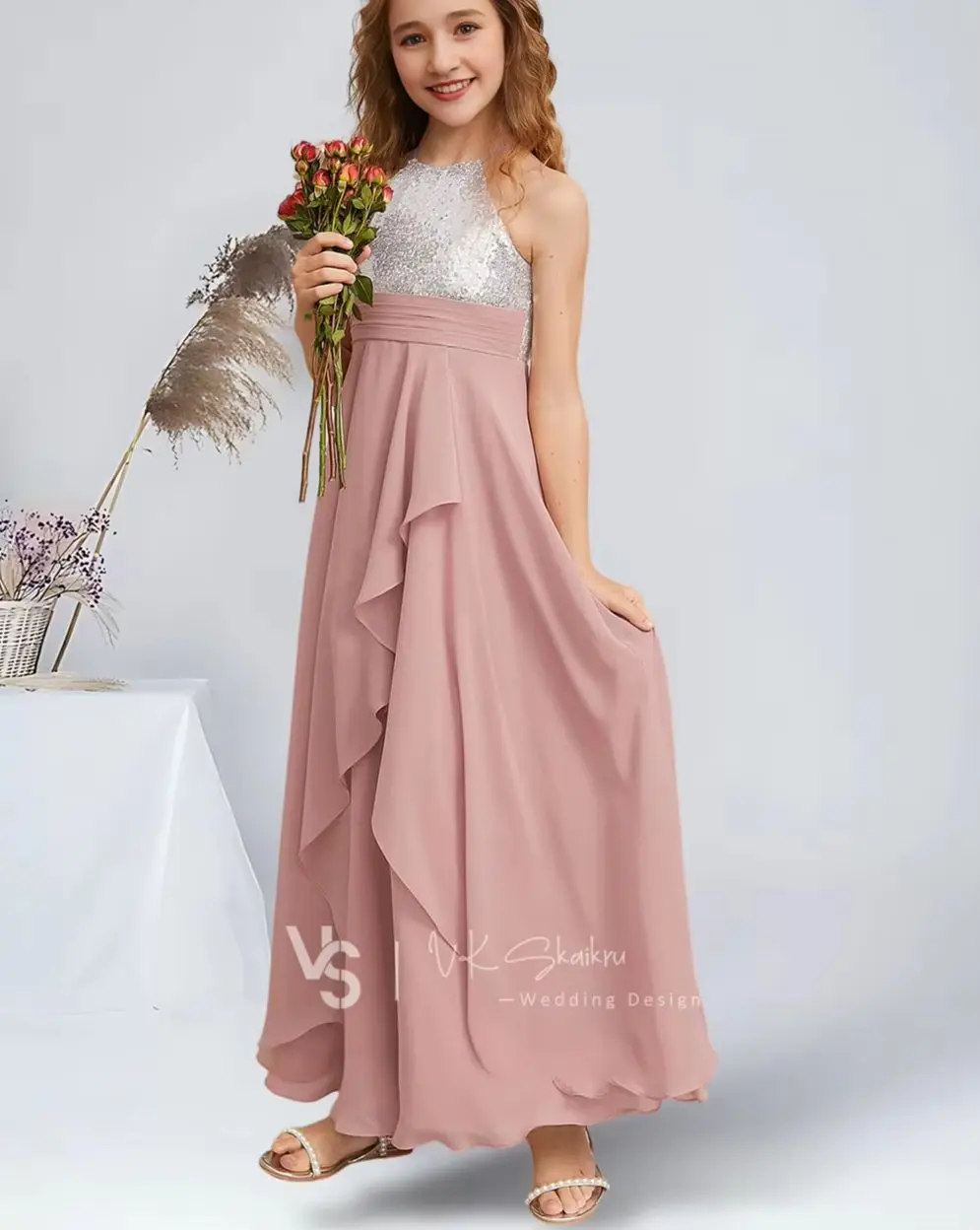 

BBA A-Line Halter Floor-Length Chiffon Sequin Junior Bridesmaid Dresses Dusty Rose Stunning Flower Girl Dress Party Wedding Kids