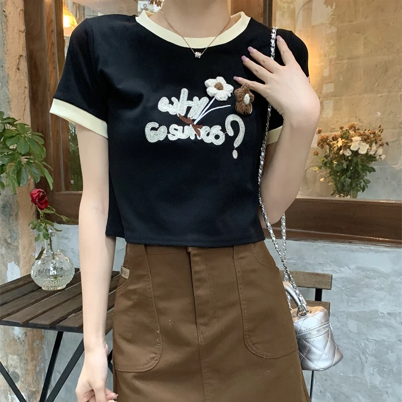 Three-dimensional Flower T-shirts Women 2024 New Spring O-neck Color Collision Short-sleeved Sweet Versatile Short Tops Female