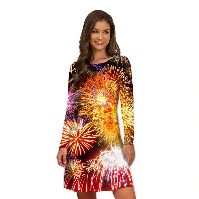 المرأة الألعاب النارية طباعة فستان حفلة ، فساتين طويلة الأكمام ، المتضخم ، عادية ، نمط الشارع ، الموضة ، أنيقة ، الخريف ، الشتاء #5