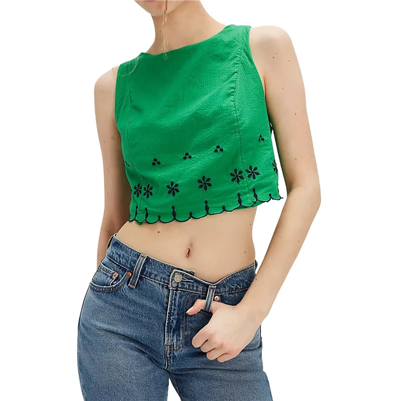 

Women's Crew Neck Sleeveless Rippled Contrasting Colors Hem Trim Embroidery Blouse Tops-A55G