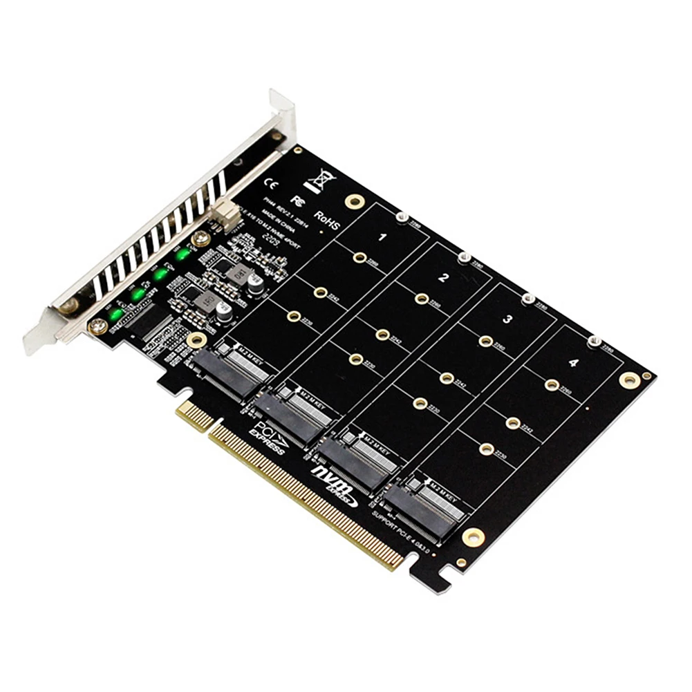 4 Port M.2 NVME SSD To PCIE X16 Adapter Converter Card Support 2230/2242/2260/2280 Host Controller Expansion Card LED Indicator