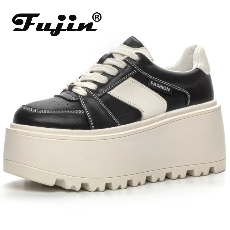 Fujin 8cm Genuine Leather Ladies Fashion Women Autumn Shoes Casual Spring Skate Boarding Chunky Sneakers Platform Wedge Shoes
