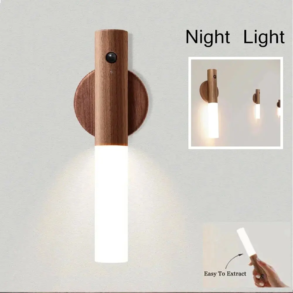 Luz LED de Color madera recargable por USB, luz nocturna, Sensor de grano, armario de cocina, diseño magnético de mano, iluminación de mesita de