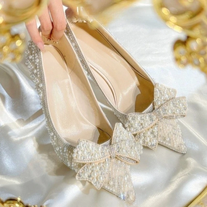

Pearl Slip Slip Slim Single Shoes Autumn New Pointed Toe Bow Non-Slip Wear-Resistant High Heels