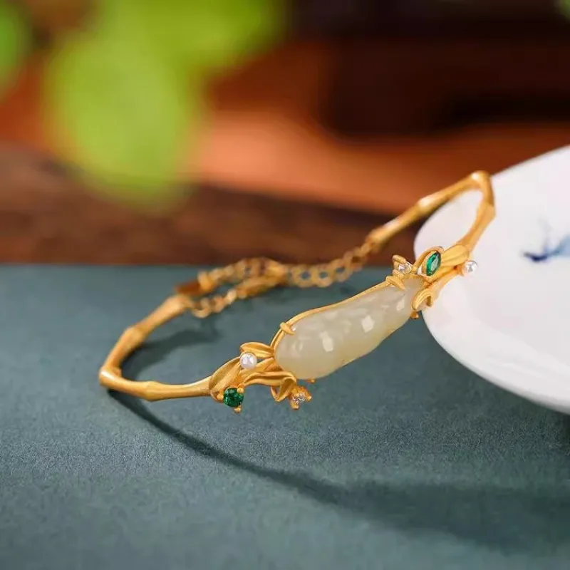 

Natural Hotan Jade Fulu Gourd Bamboo Leaf Bracelet for women Classic Design inlay Diamond Palace Style Bracelets Banquet Jewelry
