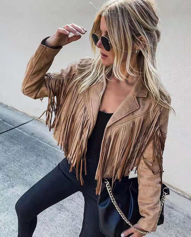 Fashion Spring Women\'s Clothes Short Coat Solid Color Collared Jacket With Tassels Long Sleeve Open Front Coat Streetwear Y2k