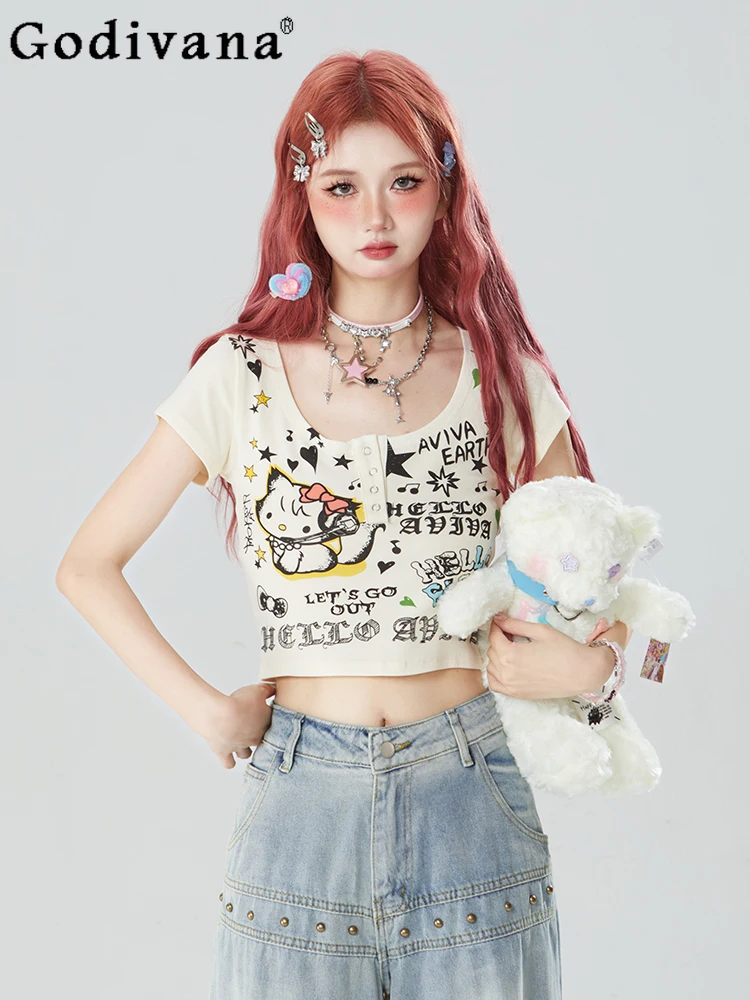 

Summer New Fashion Cat Print Short Sleeve Tops Hot Girl Slim-Fit Elegant Sexy T-Shirts Student Kawaii Tees Women Wide Leg Jeans