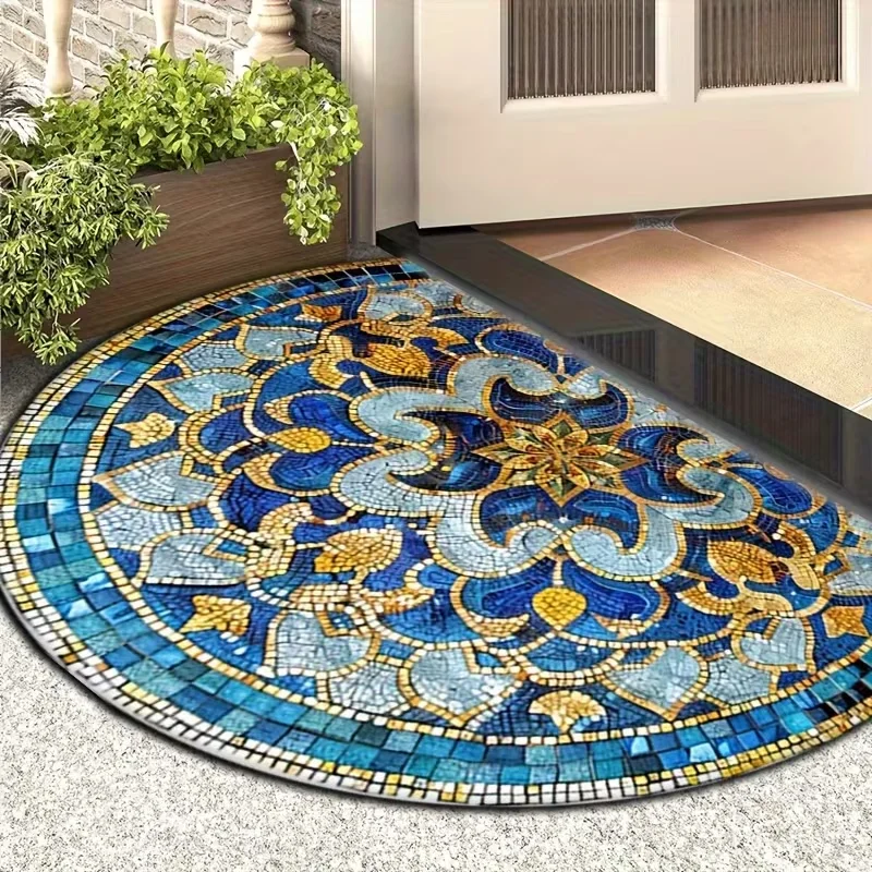 Semi-Circular Door Mat with Intricate Geometric Mosaic Design - Indoor Outdoor Use for Bedroom, Room, Hallway, and Garden Decor