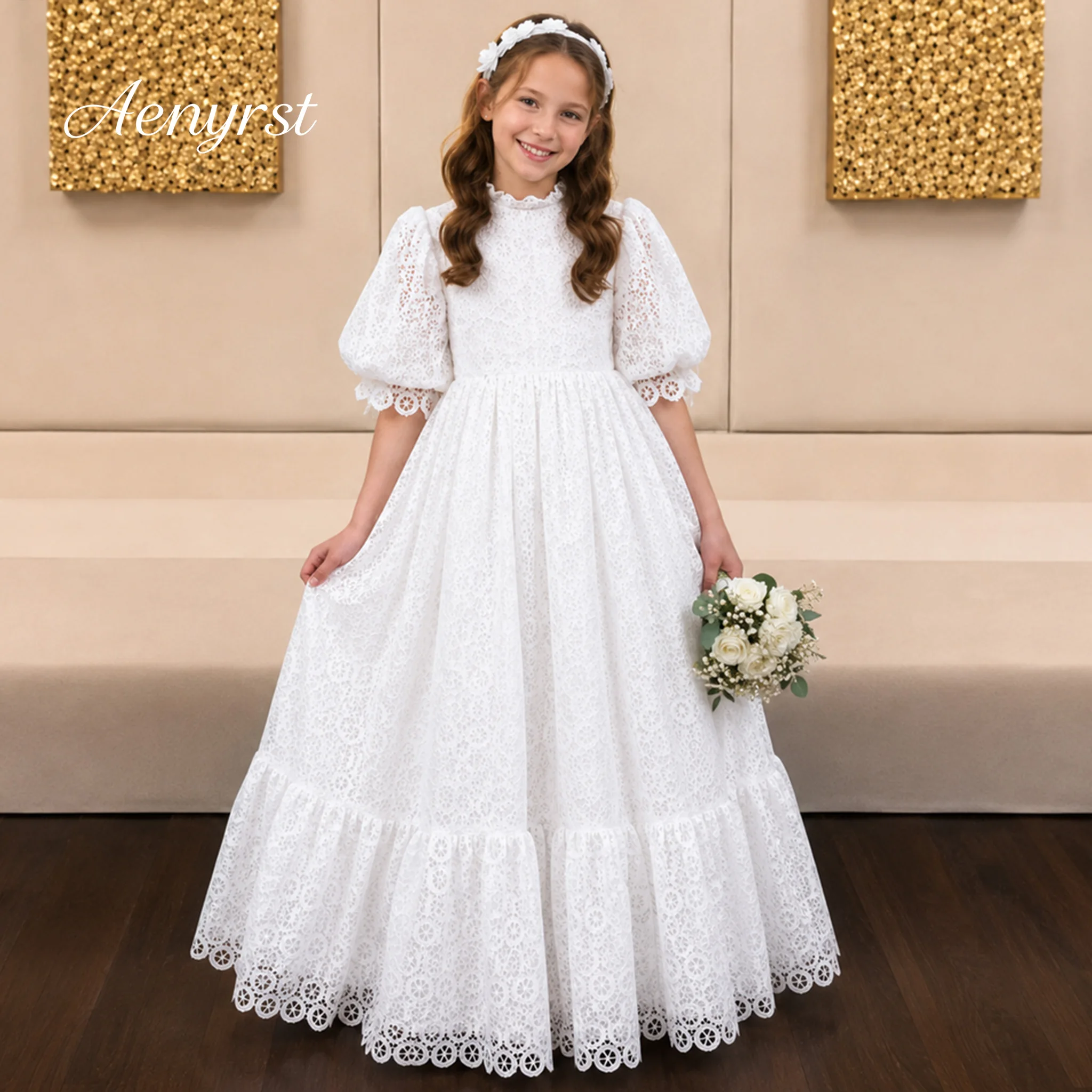 Girls White Lace Puff Sleeve Long Flower Girl Dress Modest Kids First Communion Wedding Party Formal Gown Custom