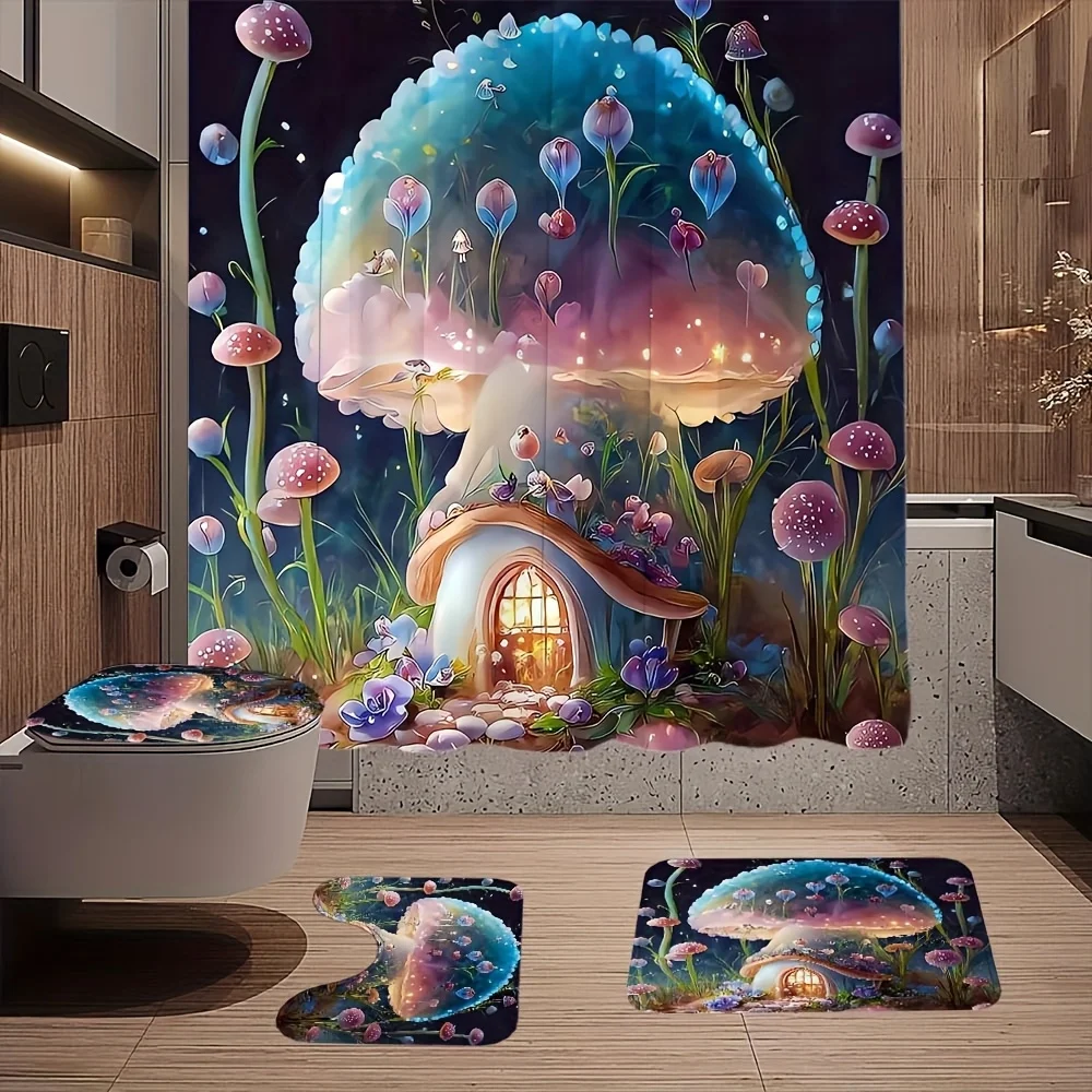 

1/4 шт. шторка для душа с рисунком грибного домика, комплект шторок для душа, полиэстеровая шторка для душа с 12 крючками, нескользящий коврик для пола, в комплекте