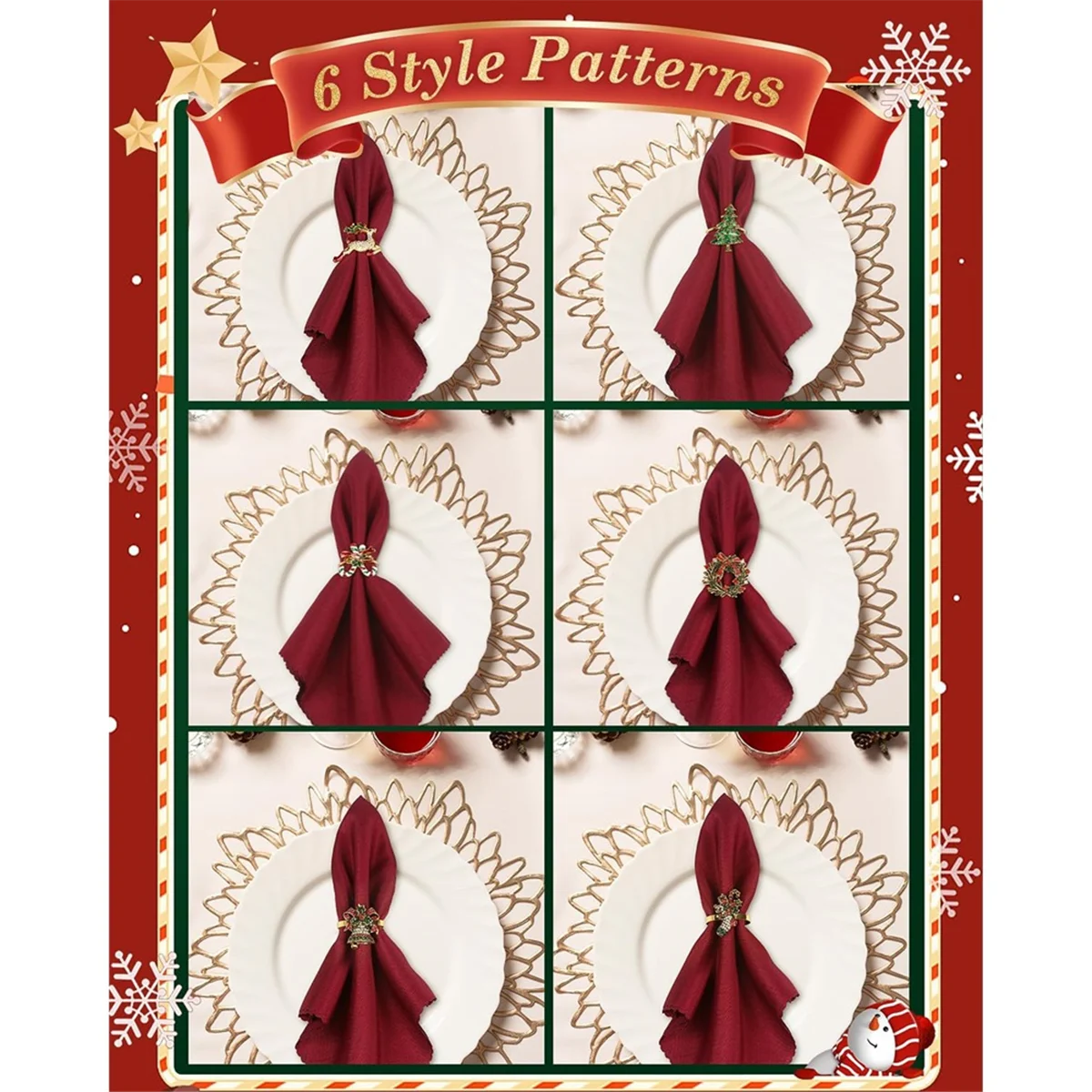 YHYS 6 قطعة مجموعة حلقات منديل عيد الميلاد ، حامل حلقة منديل معدني Bluk لحفلة عيد الميلاد لصالح عطلة الشتاء عشاء الجدول الديكور #1