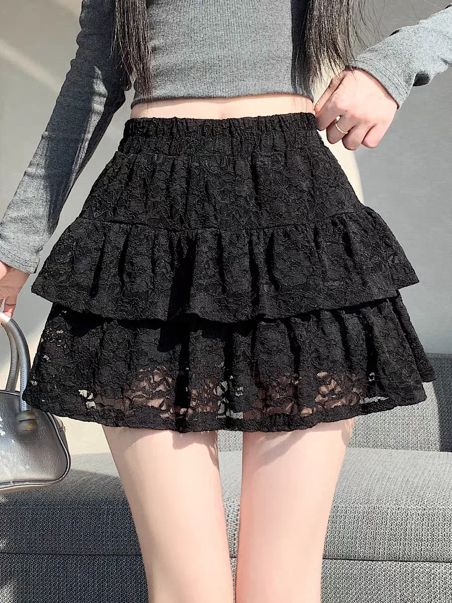 

Spring Summer Trendy Lace Tiered Mini Skirt High Waisted Flared A-Line Tutu Skirts for Girls, Fashion Must-Have Puff Hem Skirt