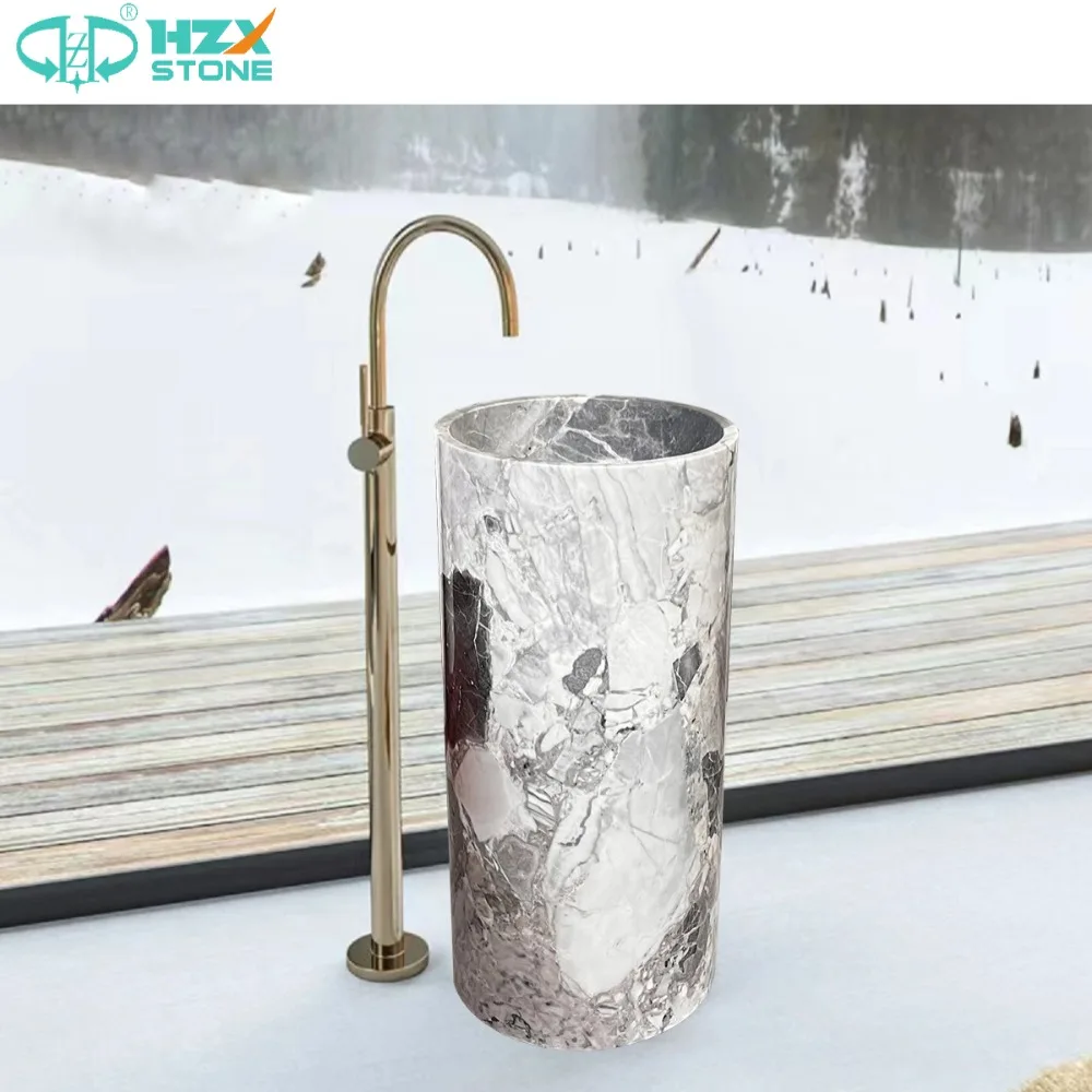 

HZX Modern Polished Stone Art Caracatta Marble Grey Base Basin Bathroom Sink Drainer Hotel Villa Apartment