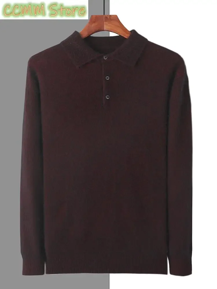 Mink Cashmere Jacket Men's POLO Collar Pullover Spring Autumn New Knitted Tops Casual Loose Large Size Men's Shirts