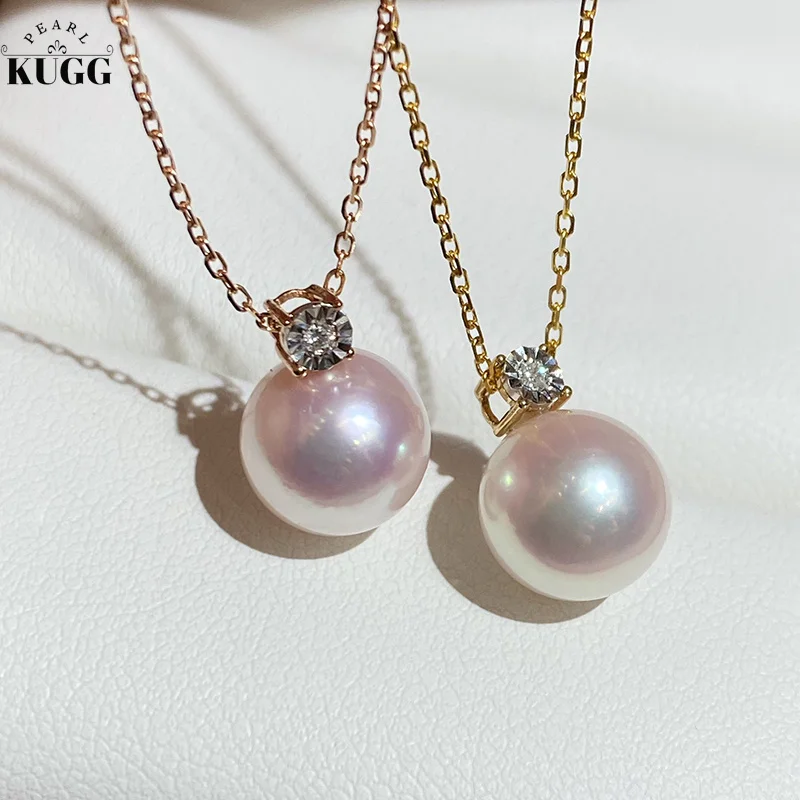 

KUGG 18K Yellow or Rose Gold Necklace 9-9.5mm Natural Akoya Pearl Round Shape Fashion INS Style Party Jewelry for Women