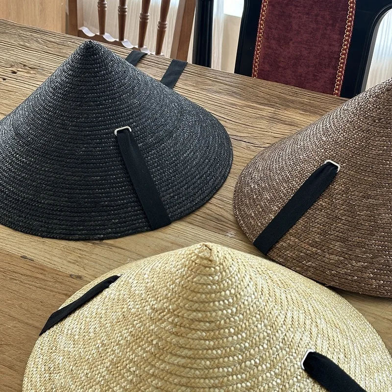Vintage Conical Straw Hat with Long Black Ribbon Tie Sun Hat for Women French Elegance Beach Holiday Panama Sombrero Bucket hat