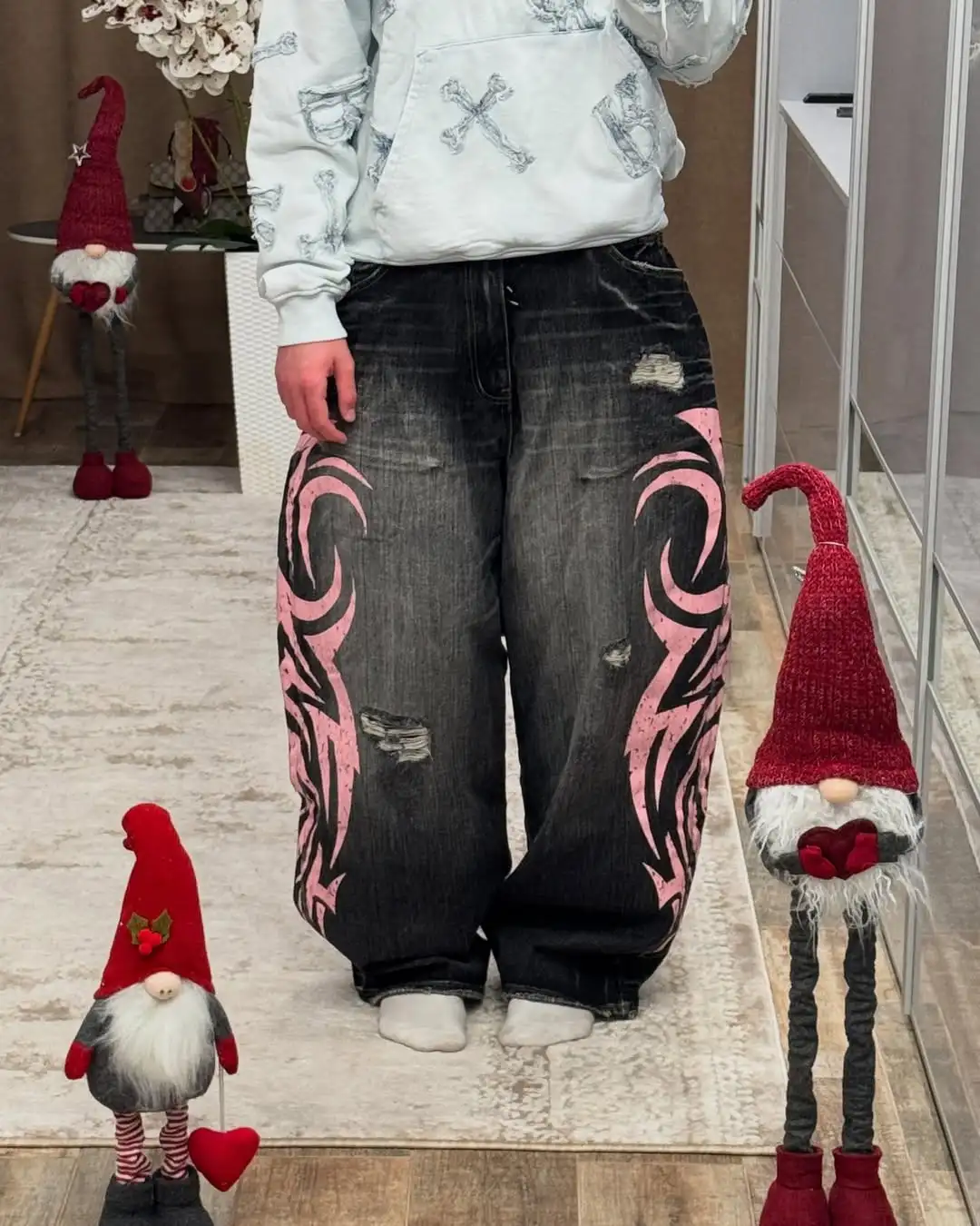 

Y2K Новые модные джинсы унисекс с пятнистым тотемным принтом Свободные брюки Модные хип-хоп трендовые свободные брюки для пар Американские прямые широкие брюки