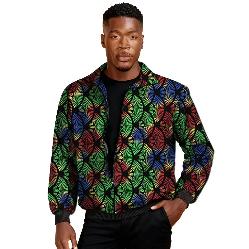 Ethnic Style Men's Bomber Jackets African Couture Turn Down Collar Short Coat Male Nigerian Print Outfit Tailored