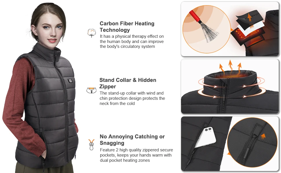Damen-Graphen-Heizweste, elektrisch, USB-Ladefunktion, warme Sportjacke, bequemer, beheizter Mantel für Camping – Detail 11