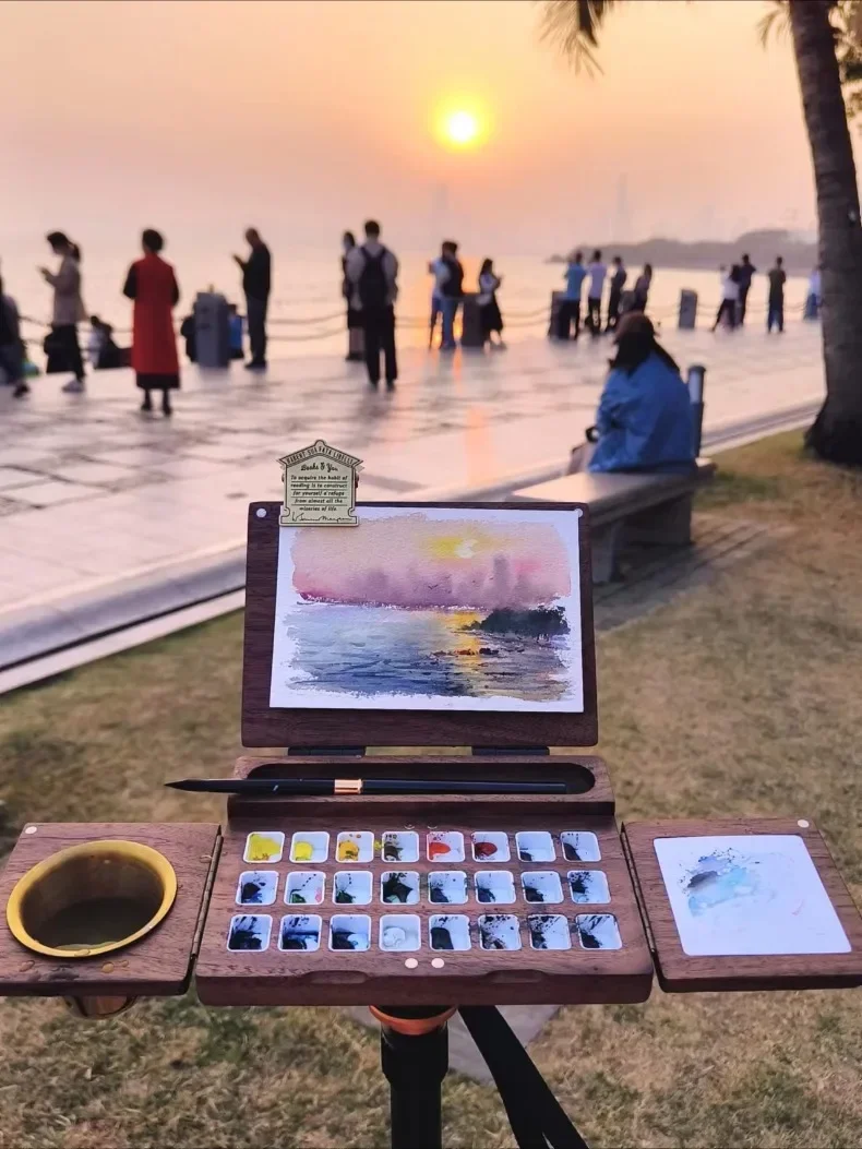 Wooden Foldable Watercolor Drawing Board Travel Portable 24-color Paint Dispense Box Hand-painted Graffiti Dye Palette Art Tools