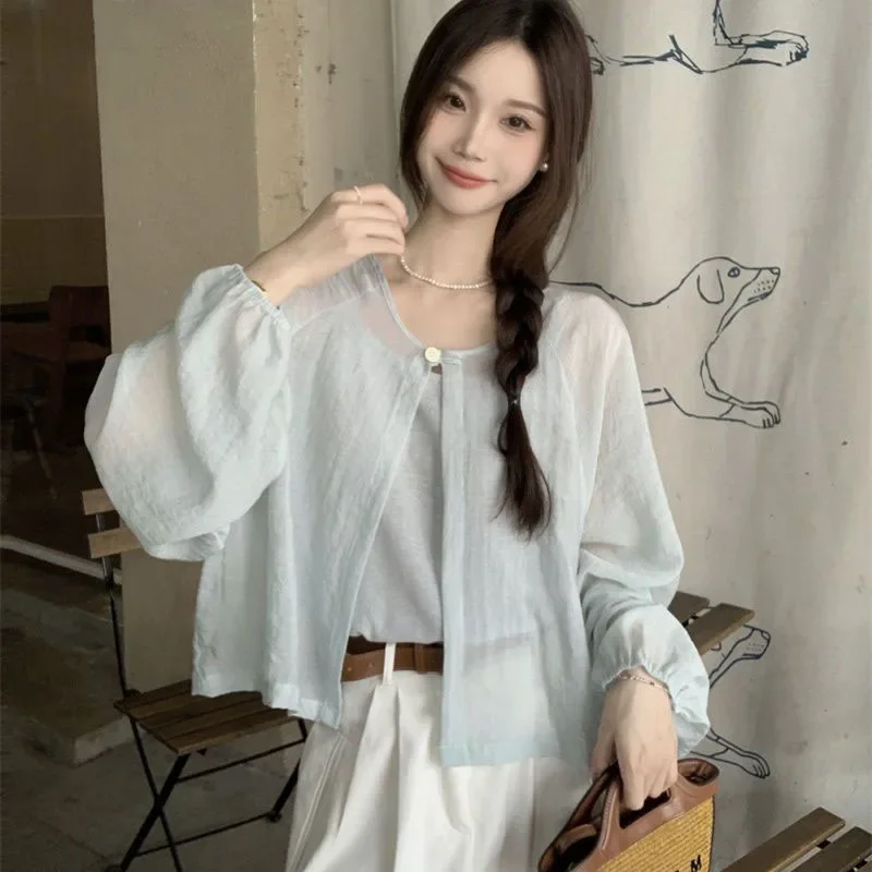 

Smvp летняя солнцезащитная рубашка на одной пуговице женская корейская милая открытая солнцезащитная рубашка с круглым вырезом тонкое короткое пальто с рукавами-фонариками