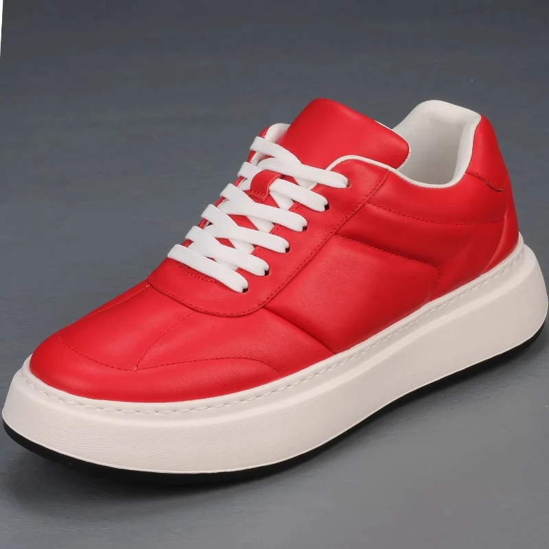 

Simple Style Genuine Leather Red Casual Board Shoes for Men's Thick Sole Height Increasing Shoes Lightweight Cowhide Daddy Shoes