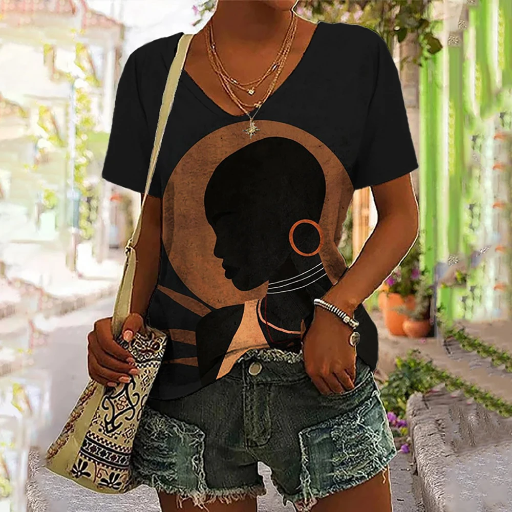 Vintage Africa Independent Women Pattern Short Sleeves T shirt Designer Art V-neck Women's T-shirts Summer Loose Pullover Tops