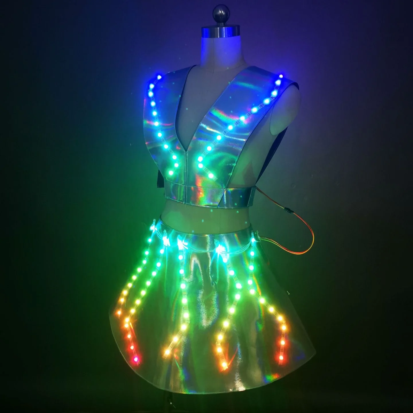 LED Costume Woman Stage Wear Nightclub Light up Crop Top Skirt set