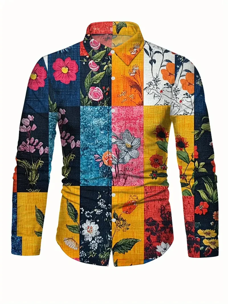 Men Long Sleeve Shirt Floral Plaid Patchwork Print Turn Down Collar Casual Button Daily Tops Men's Clothing