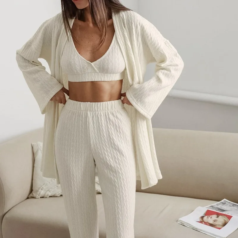 Comfortable 3 Piece Women's Loungewear Set Autumn Long Sleeved Knitted Thermal Pajamas Loose Trousers Casual Relaxation L Size