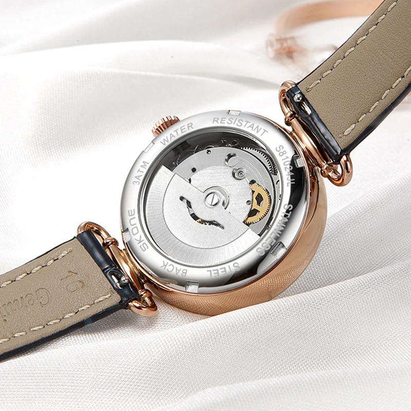 SKONE-ساعة نسائية مجوفة من الكريستال المرصع بالماس المقاوم للماء ، ساعة نسائية ، ساعة ميكانيكية نسائية ، علامة تجارية مشهورة ، أزياء فاخرة