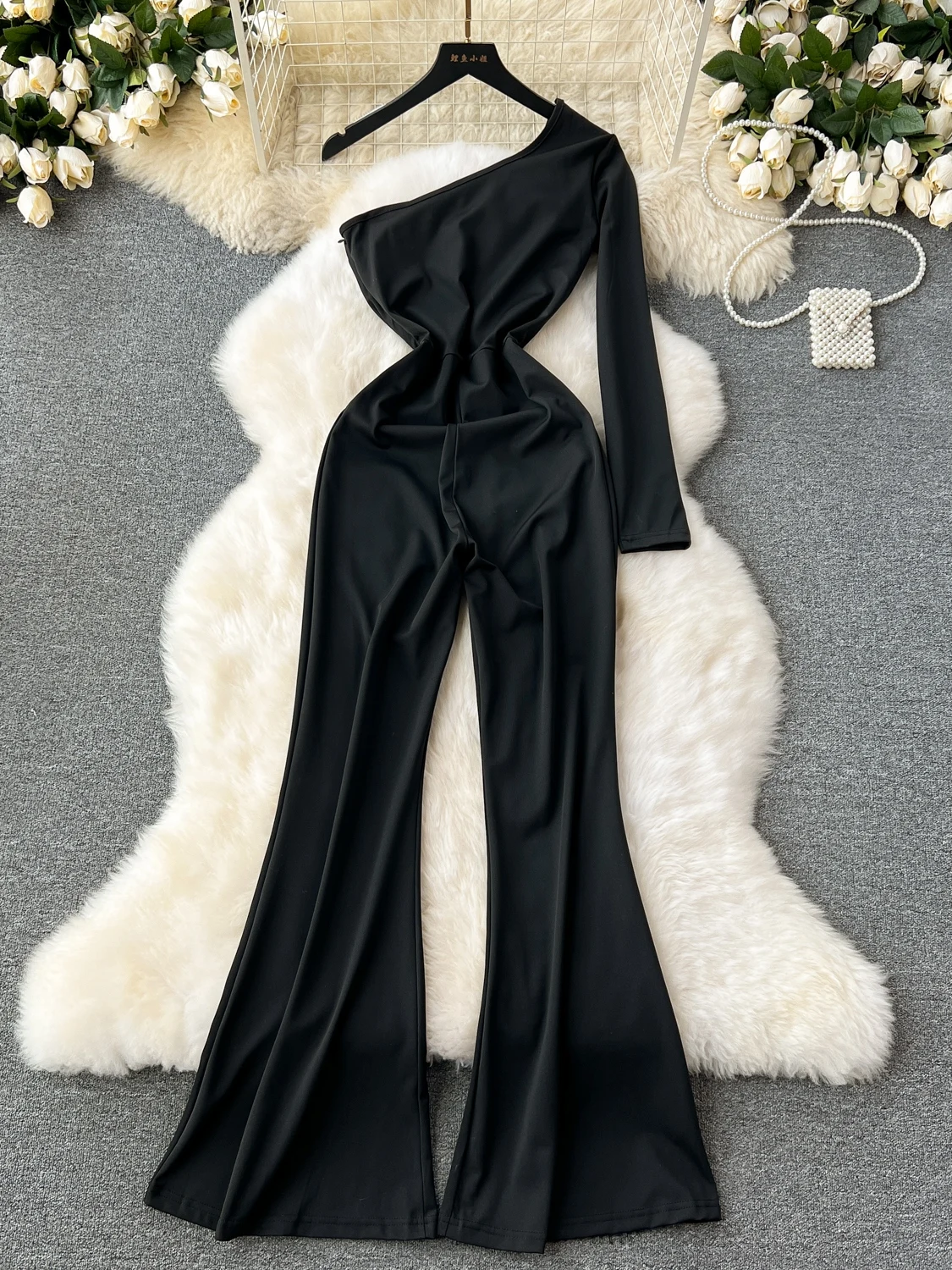 Foamlina Sexy Hollow Out Mesh Patchwork Rhinestone Detail Black Jumpsuit Women Fashion One Shoulder Long Sleeve Flared Jumpsuits