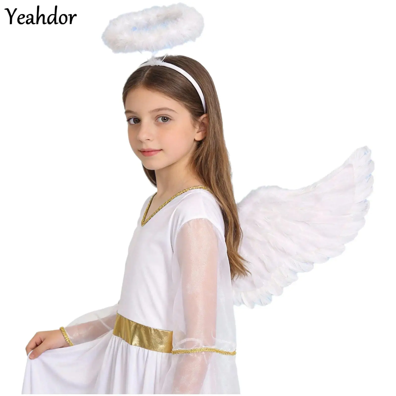 

Girls Halloween Princess Greek God Robe White Angel Costume Long Sleeve Angel Dress with Feather Wings Hair Hoop Cosplay Set