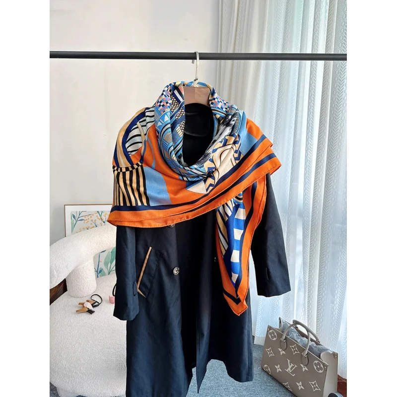 Classic Saddle Silk Cashmre  Scarf Women's Winter 2024 Pareos Luxury Fashion Woman Scarves Thick Rolled Edges Cashmere 140/140