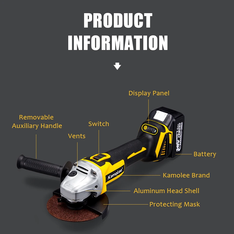 Kamolee 100/125mmCordless Grinder Brushless Rechargeable Angle Grinder Cutting/Grinder Power Tool Compatible with Makita Battery