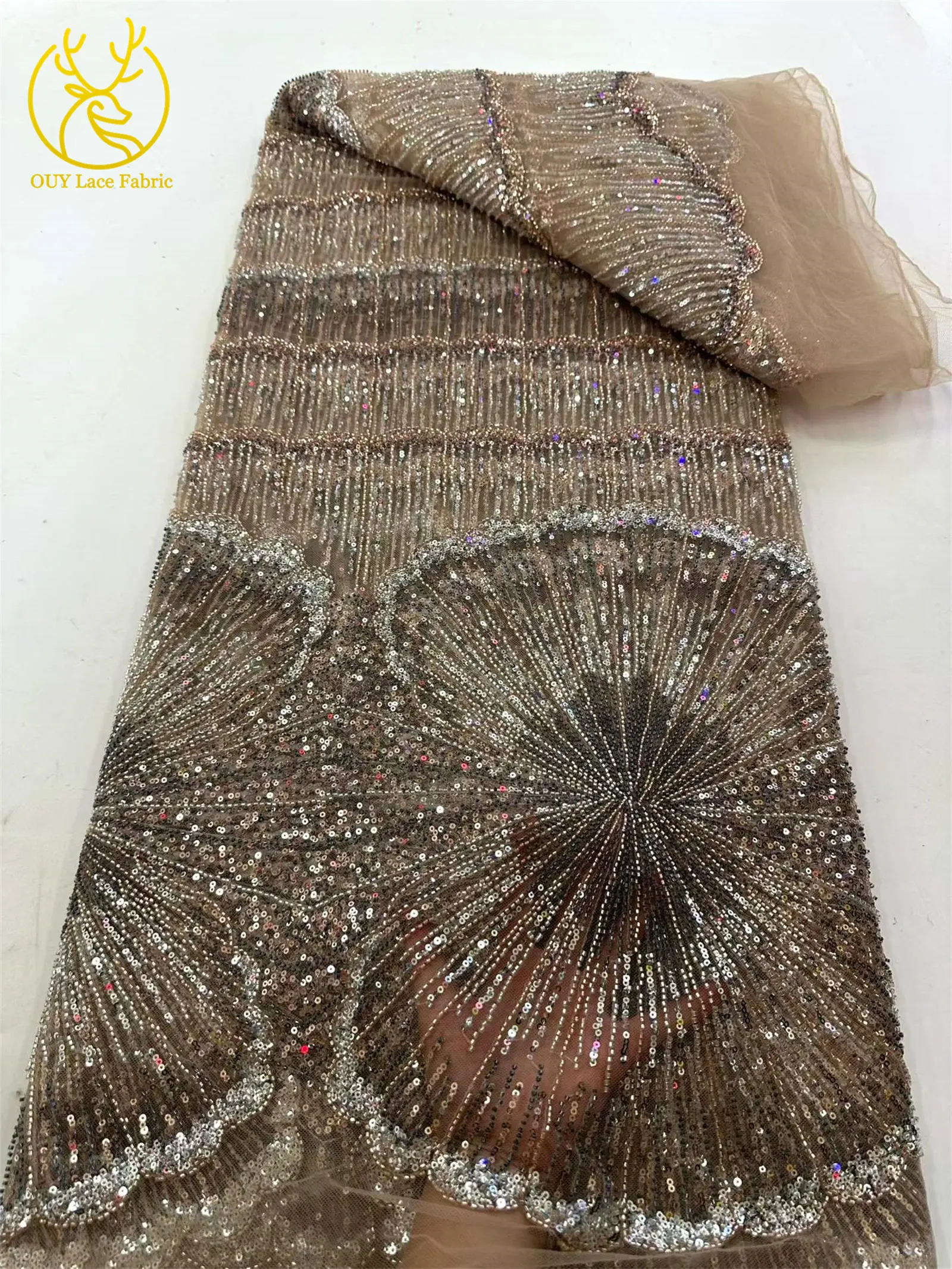 Luxuriöser Gold-Lila Afrikanischer Perlen-Pailletten-Spitzenstoff 5 Yards Exquisiter Französischer Nigerianischer Tüll-Spitzenstoff für Abendkleider und Hochzeitskleider – Detail 18