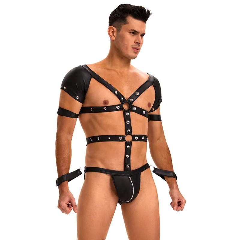 Sexy Mens PU Faux Leather bondage jumpsuit nightclub SM flirting seduction lingerie male servant uniform M-2XL