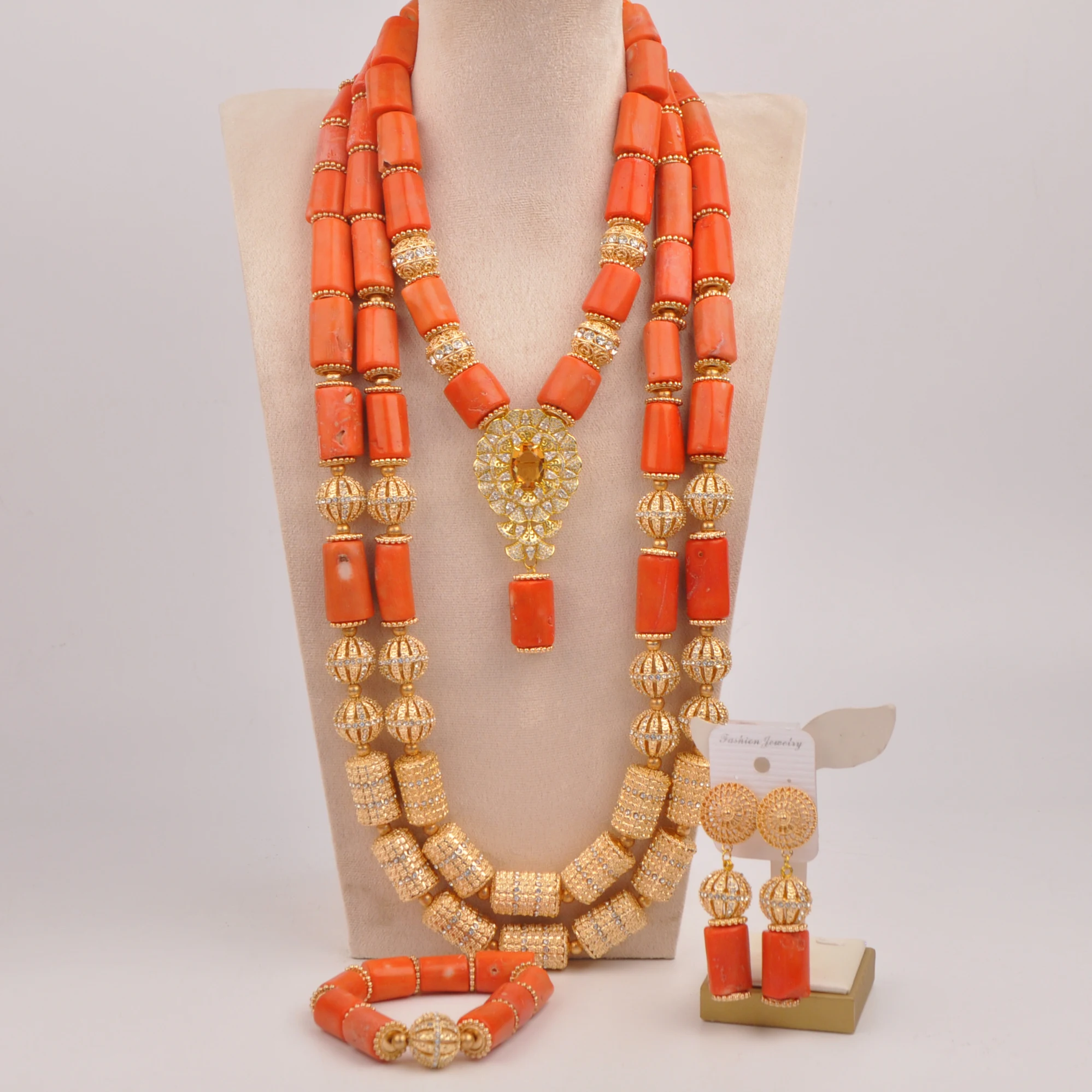 

Luxury orange natural coral necklace African wedding men and female couples wedding jewelry Nigeria bride jewelery set SHXY-21