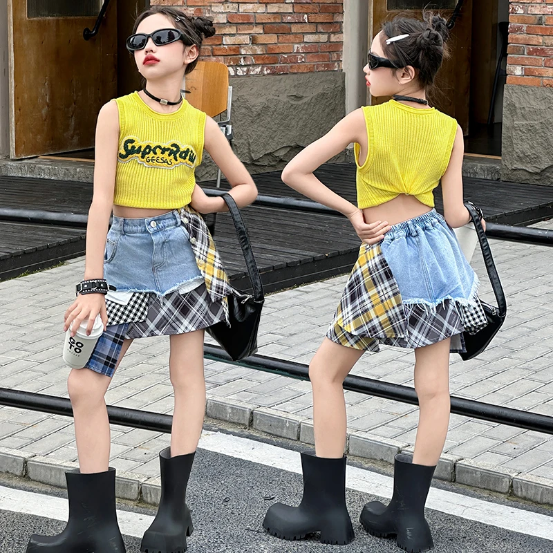 4-14 kids girls denim patchwork plaid divided skirt shorts enfant fille teenage girls clothes yellow embroidery Sleeveless tops