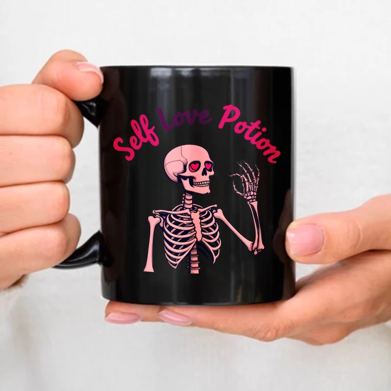 

Black ceramic cup with pink skull and self-love potion text, suitable for Halloween and daily use